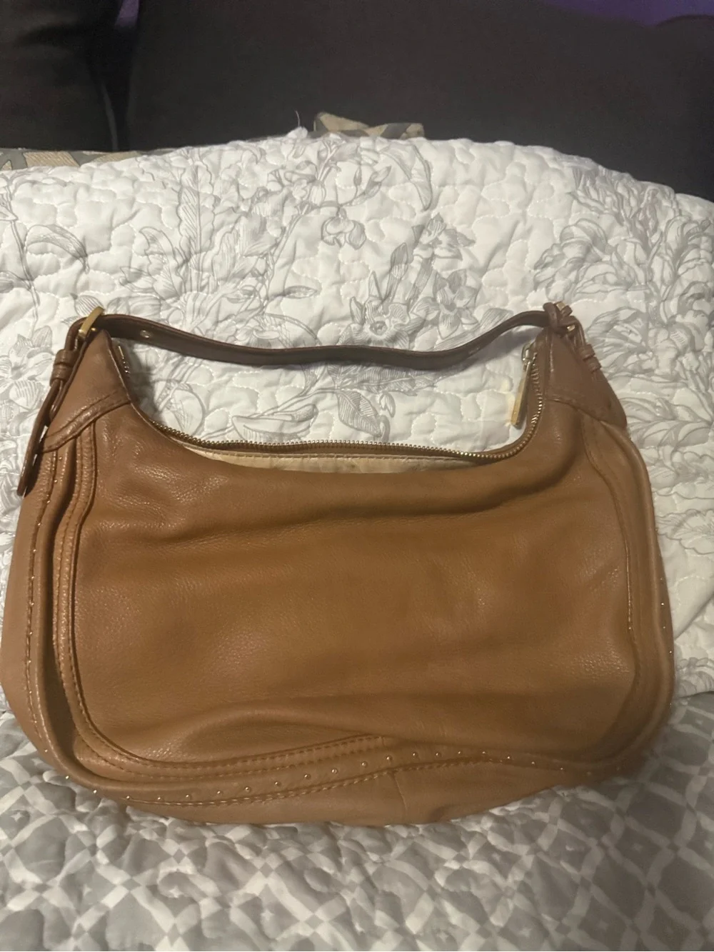Michael Kors Cognac Leather Shoulder Bag with Gold MK Charm